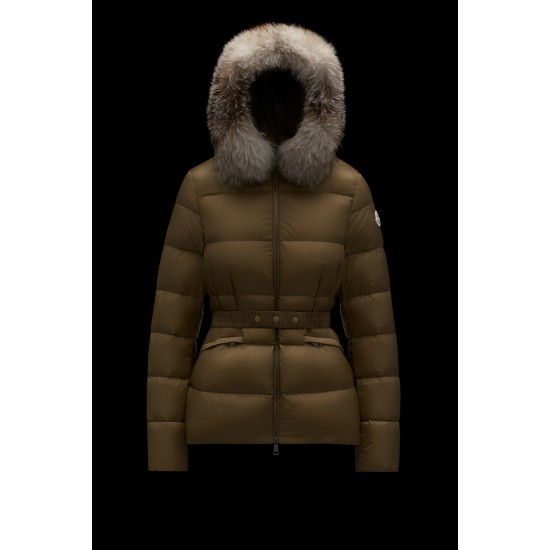 2022 MONCLER Boed Fur Collar Short dunjacka Dams Waist Down Puffer Coat Vinterjacka Natural Camel Beige