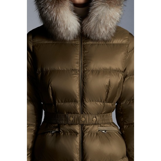 2022 MONCLER Boed Fur Collar Short dunjacka Dams Waist Down Puffer Coat Vinterjacka Natural Camel Beige