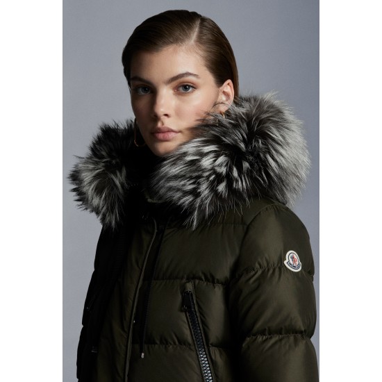 2022 Moncler Aphroti Parka Fur Hooded Collar Long dunjacka Dam Down Puffer Coat Vinterjacka Army Grön