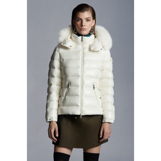 2022 Moncler Badyfur Collar Short dunjacka Dam Down Puffer Coat Vinterjacka Vit