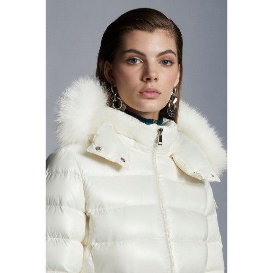 2022 Moncler Badyfur Collar Short dunjacka Dam Down Puffer Coat Vinterjacka Vit