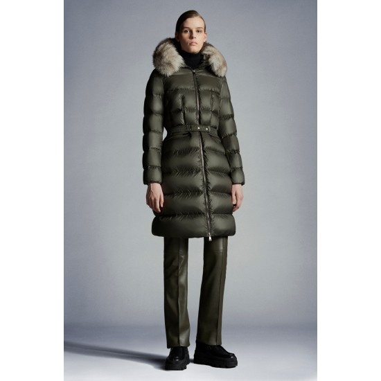 2022 Moncler Boedic Parka Fur Collar Long dunjacka Dam Down Puffer Coat Vinterjacka Army Grön