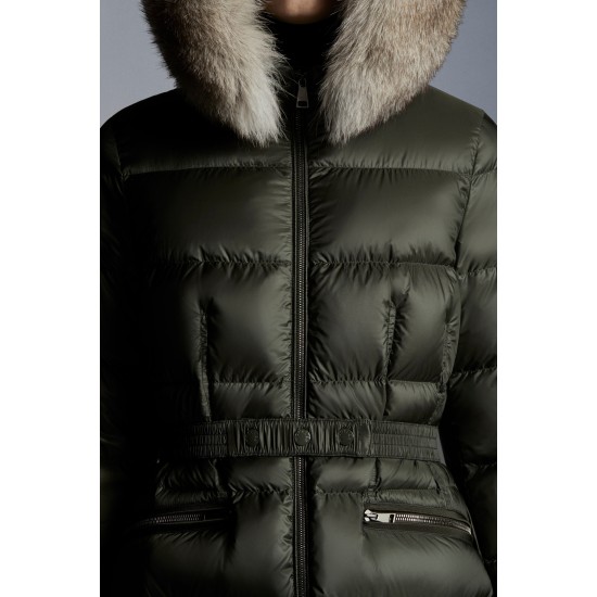 2022 Moncler Boedic Parka Fur Collar Long dunjacka Dam Down Puffer Coat Vinterjacka Army Grön