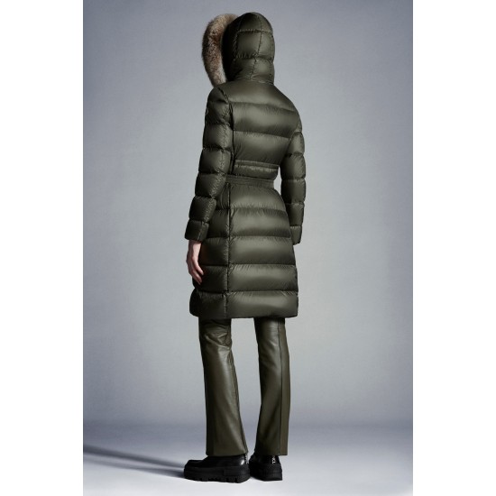 2022 Moncler Boedic Parka Fur Collar Long dunjacka Dam Down Puffer Coat Vinterjacka Army Grön