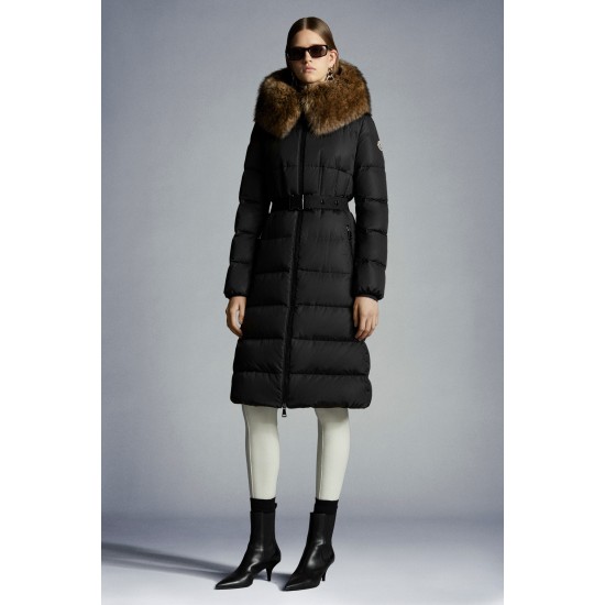 2022 Moncler Boucage Parka Long dunjacka Dam Fur Hooded Collar Down Puffer Coat Vinterjacka Svart