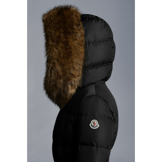 2022 Moncler Boucage Parka Long dunjacka Dam Fur Hooded Collar Down Puffer Coat Vinterjacka Svart