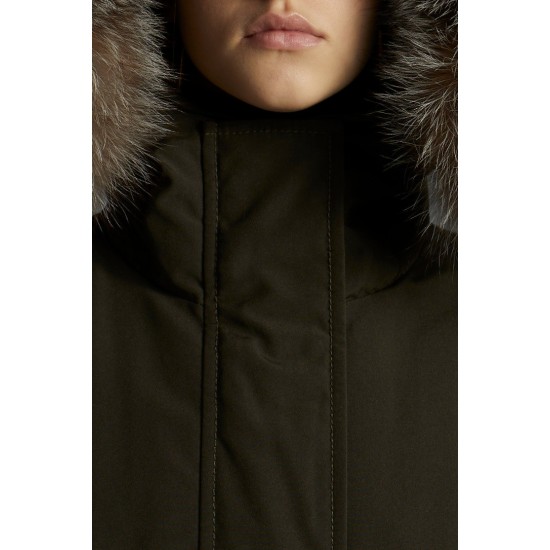 2022 Moncler Cameline Parka Fur Hooded Collar Long dunjacka Dam Down Puffer Coat Vinterjacka Army Grön