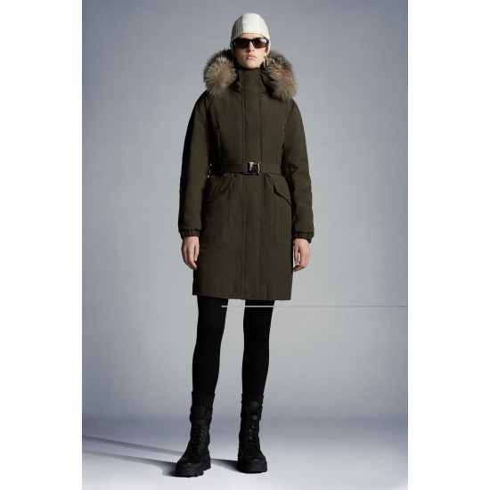 2022 Moncler Cameline Parka Fur Hooded Collar Long dunjacka Dam Down Puffer Coat Vinterjacka Army Grön