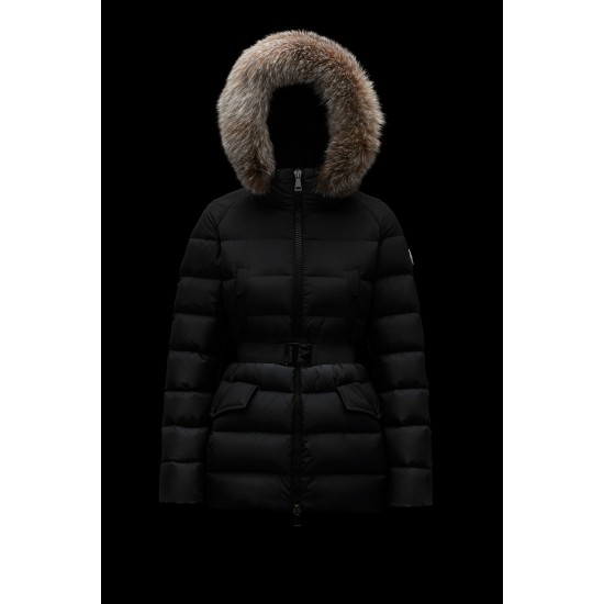 2022 Moncler Clion Parka Short dunjacka Dam Waist Fur Hooded Collar Down Puffer Coat Vinterjacka Svart