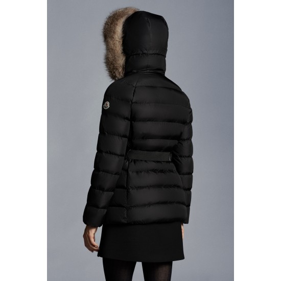 2022 Moncler Clion Parka Short dunjacka Dam Waist Fur Hooded Collar Down Puffer Coat Vinterjacka Svart