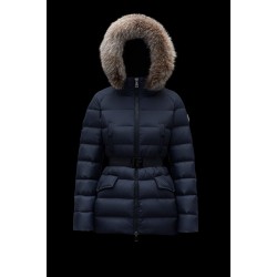 2022 Moncler Clion Parka Short dunjacka Dam Waist Fur Hooded Collar Down Puffer Coat Vinterjacka Night Blå