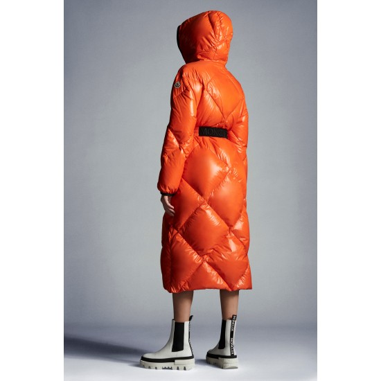 2022 Moncler Cotonniere Parka Long dunjacka Dam Waist Down Puffer Coat Vinterjacka Bright Orange