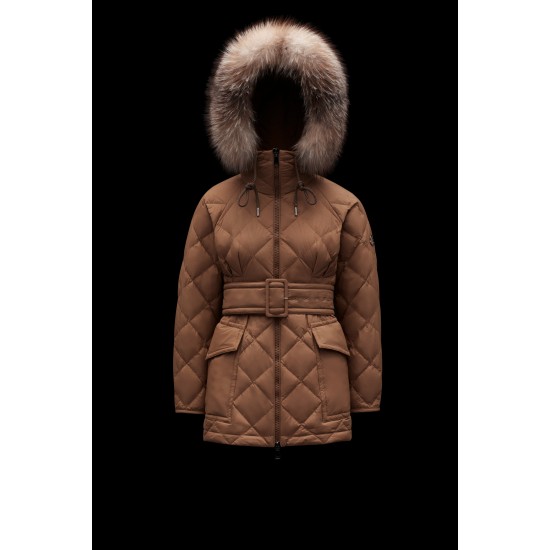 2022 Moncler Ficodie Fur Collar Short dunjacka Dam Waist Down Puffer Coat Vinterjacka Brun