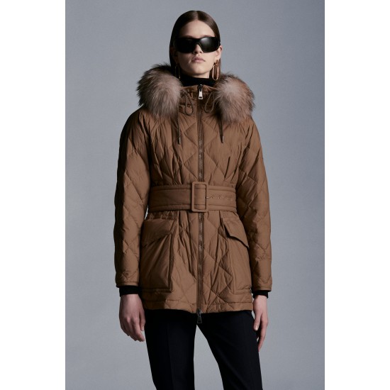 2022 Moncler Ficodie Fur Collar Short dunjacka Dam Waist Down Puffer Coat Vinterjacka Brun