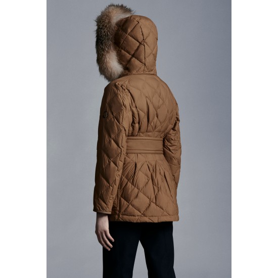 2022 Moncler Ficodie Fur Collar Short dunjacka Dam Waist Down Puffer Coat Vinterjacka Brun