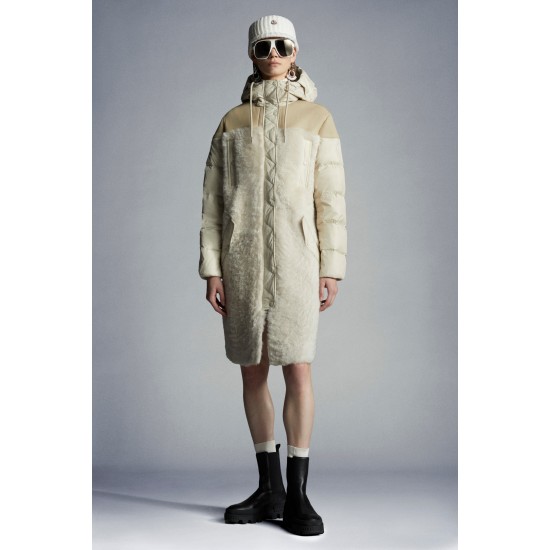 2022 Moncler Gaudine Parka Hooded Long dunjacka Dam Down Puffer Coat Vinterjacka Oatmeal Beige