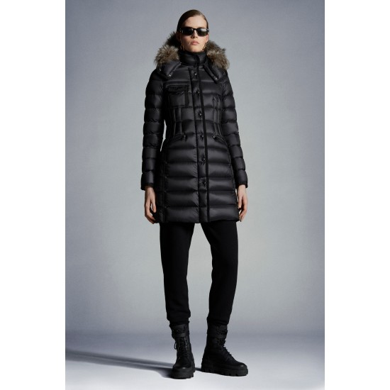 2022 Moncler Hermifur Parka Fur Hooded Collar Long dunjacka Dam Down Puffer Coat Vinterjacka Svart