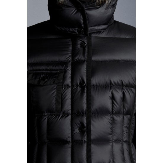 2022 Moncler Hermifur Parka Fur Hooded Collar Long dunjacka Dam Down Puffer Coat Vinterjacka Svart