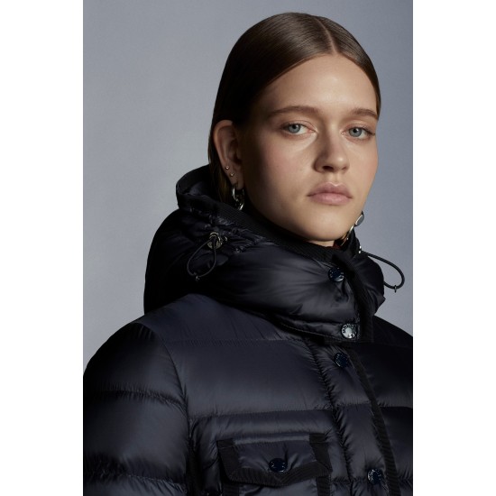 2022 Moncler Hermine Parka Hooded Long dunjacka Dam Down Puffer Coat Vinterjacka Night Blå