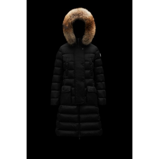 2022 Moncler Khloe Parka Fur Hooded Collar Long dunjacka Dam Down Puffer Coat Vinterjacka Svart