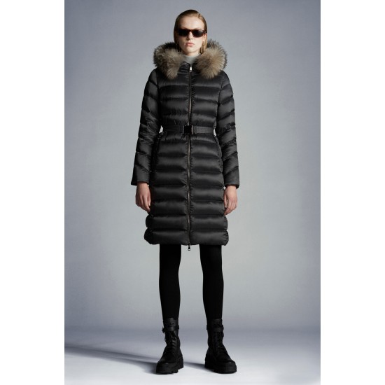 2022 Moncler Leersie Parka Fur Collar Long dunjacka Dam Down Puffer Coat Vinterjacka Dark Gray