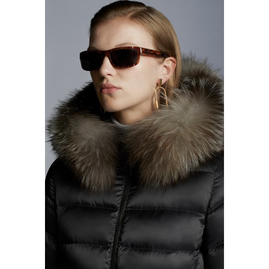 2022 Moncler Leersie Parka Fur Collar Long dunjacka Dam Down Puffer Coat Vinterjacka Dark Gray