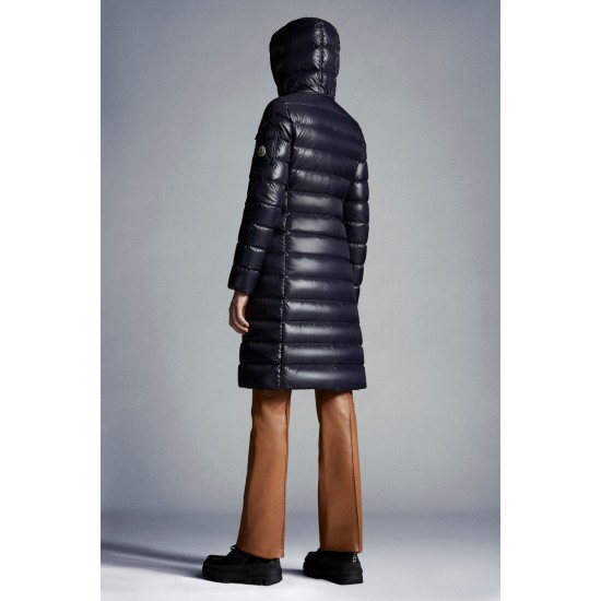 2022 Moncler Moka Hooded Long dunjacka Dam Down Puffer Coat Vinterjacka Night Blå