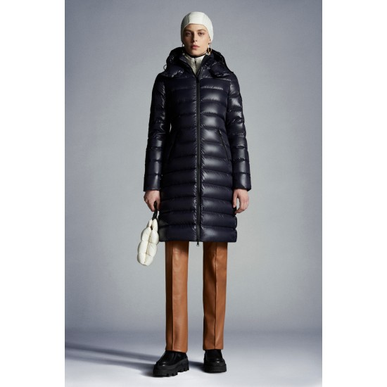 2022 Moncler Moka Hooded Long dunjacka Dam Down Puffer Coat Vinterjacka Night Blå