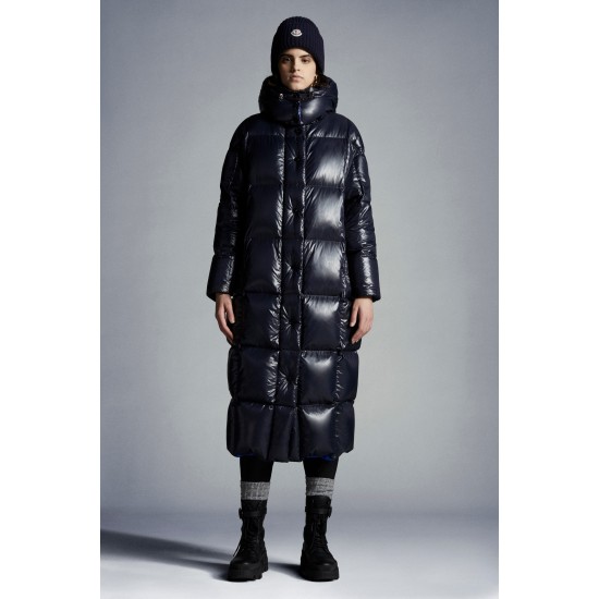 2022 Moncler Parnaiba Parka Long dunjacka Dam Hooded Down Puffer Coat Vinterjacka Night Blå