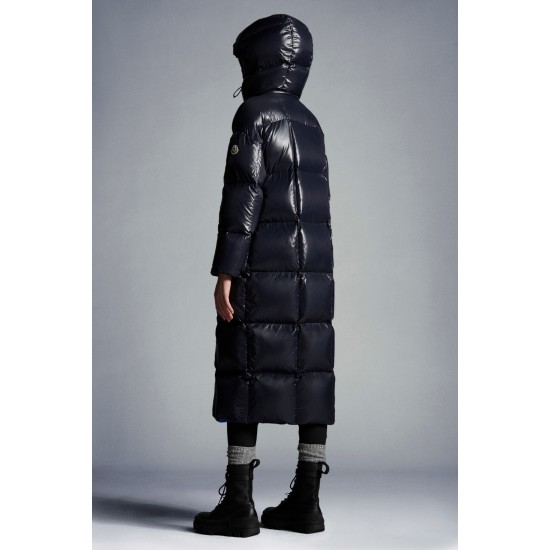 2022 Moncler Parnaiba Parka Long dunjacka Dam Hooded Down Puffer Coat Vinterjacka Night Blå