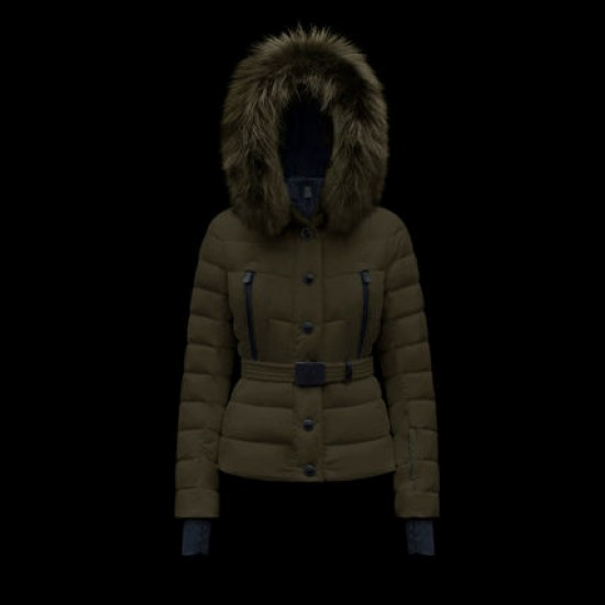 Moncler GRENOBLE Short Nylon Plain Logo Dam Hooded Ski dunjackas With Fur Collar Army Grön