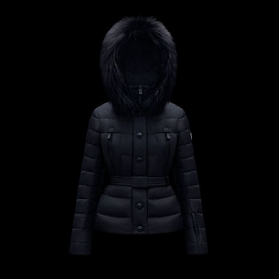 Moncler GRENOBLE Short Nylon Plain Logo Dam Ski Hooded dunjackas With Fur Collar Dark Blå