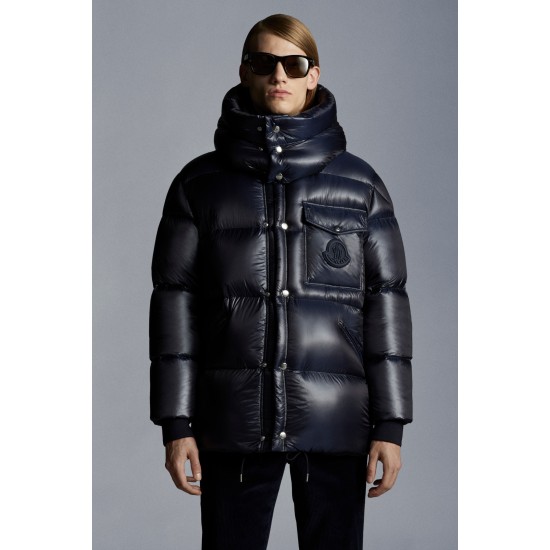 2022 Moncler LaHerrtin Kort Dunjacka Herr Hooded Puffer Dunrock Vinterjacka Natt Blå