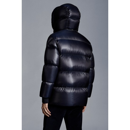 2022 Moncler LaHerrtin Kort Dunjacka Herr Hooded Puffer Dunrock Vinterjacka Natt Blå