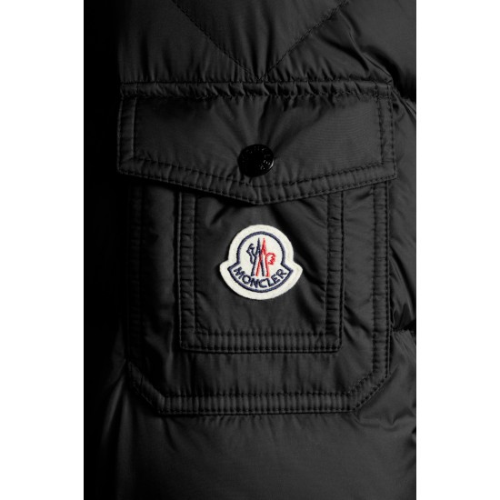 2022 Moncler Marque Kort Dunjacka Herr Fur Hooded Puffer Dunrock Vinterjacka Svart