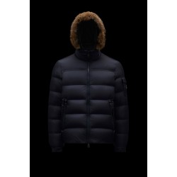 2022 Moncler Marque Kort Dunjacka Herr Fur Hooded Puffer Dunrock Vinterjacka Natt Blå