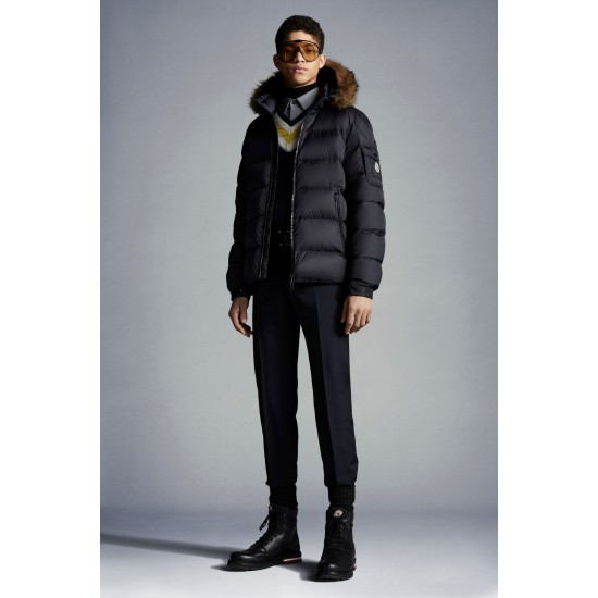 2022 Moncler Marque Kort Dunjacka Herr Fur Hooded Puffer Dunrock Vinterjacka Natt Blå