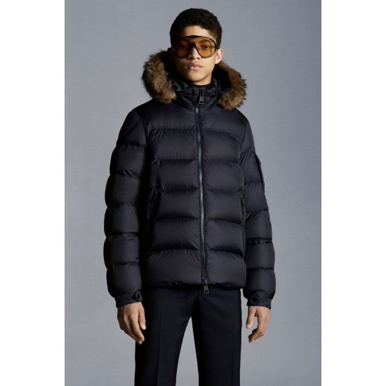 2022 Moncler Marque Kort Dunjacka Herr Fur Hooded Puffer Dunrock Vinterjacka Natt Blå