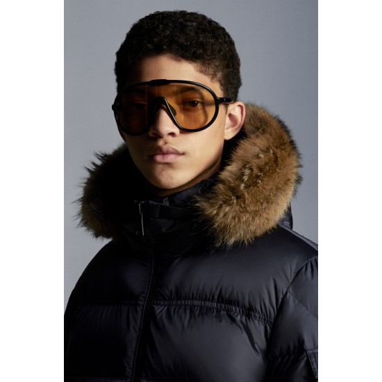 2022 Moncler Marque Kort Dunjacka Herr Fur Hooded Puffer Dunrock Vinterjacka Natt Blå