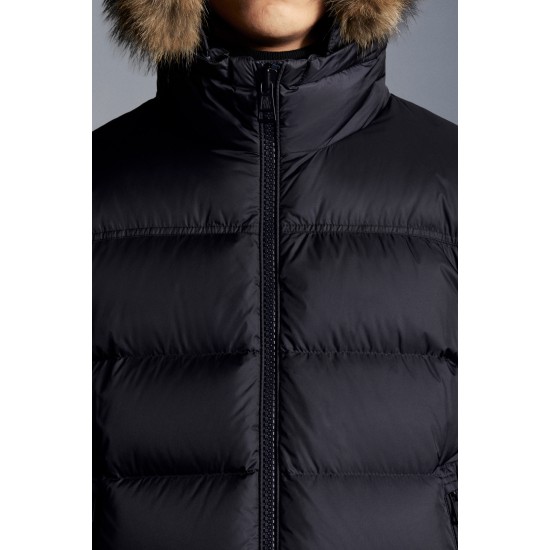 2022 Moncler Marque Kort Dunjacka Herr Fur Hooded Puffer Dunrock Vinterjacka Natt Blå