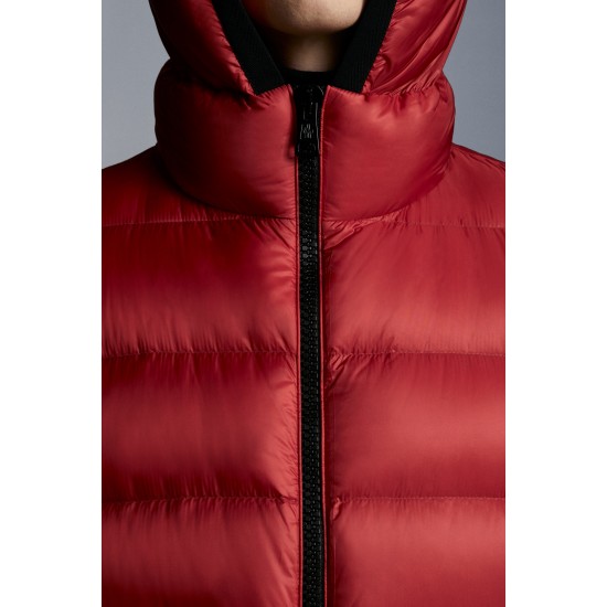 2022 Moncler Myosotis Kort Dunjacka Hooded Herr Dunrock Vinterjacka Scarlet Röd