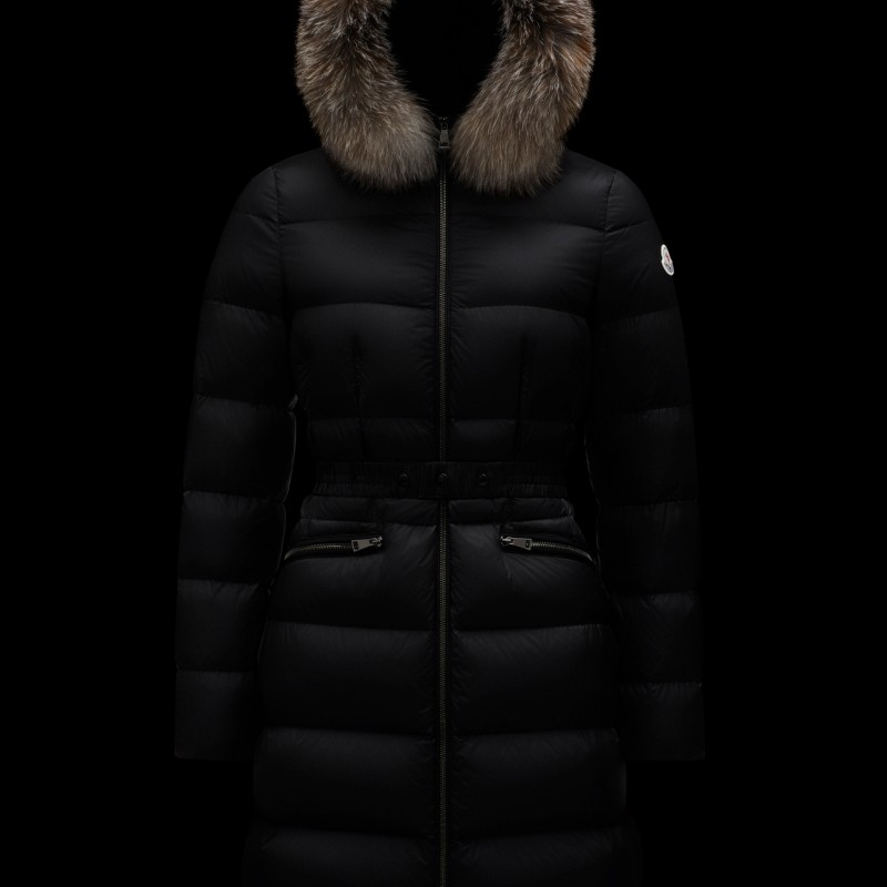 Moncler Dunjacka Dam lång Dunrock Vinterjacka With Fur Collar Hat Fulmarus Svart  