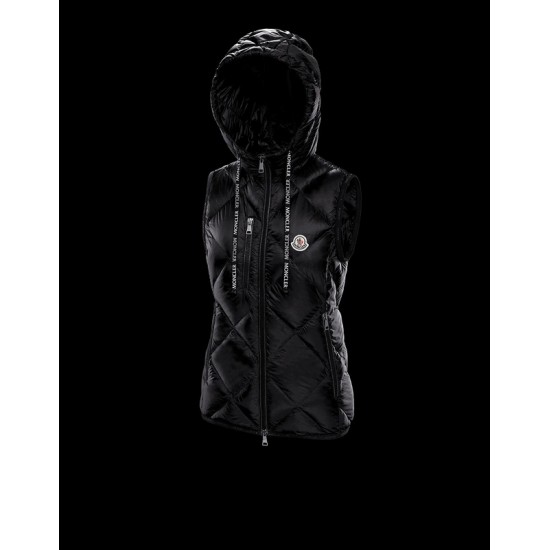 Moncler Down Vest Dam WaistDunrock Shiny Sucrex Gilet Svart